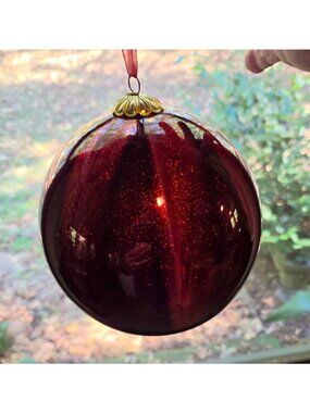 Frontgate Ornament Red Burgundy Glitter Glass Melon Ball  6'' Ribbon Tag